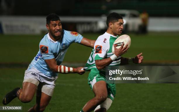 Te Rangatira Waitokia of Manawatu is tackled during the round 5 Mitre 10 Cup match between Manawatu and Northland at Central Energy Trust Arena on...