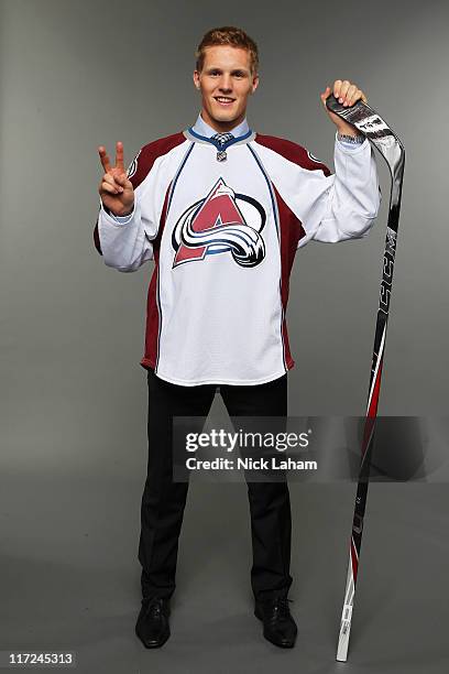 Second overall pick Gabriel Landeskog by the Colorado Avalanche poses for a photo portrait during day one of the 2011 NHL Entry Draft at Xcel Energy...
