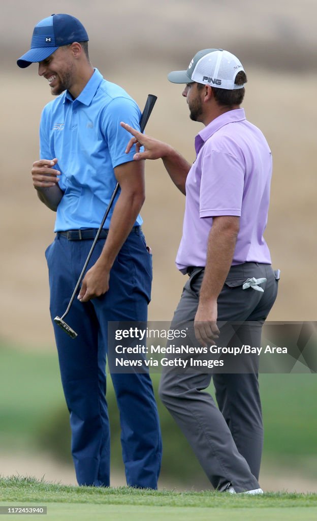Golden State Warriors' Stephen Curry, left, and Stephan Jaeger joke around on the 16th green during the first round of the Web.com Tour Ellie Mae Classic at TPC Stonebrae in Hayward, Calif., on Thursday, Aug. 3, 2017. (Anda Chu/Bay Area News Group)