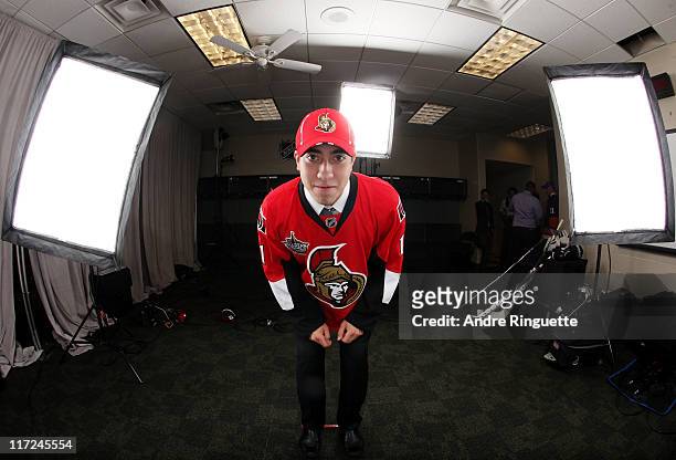 Sixth overall pick Mika Zibanejad by the Ottawa Senators poses for a portrait during day one of the 2011 NHL Entry Draft at Xcel Energy Center on...