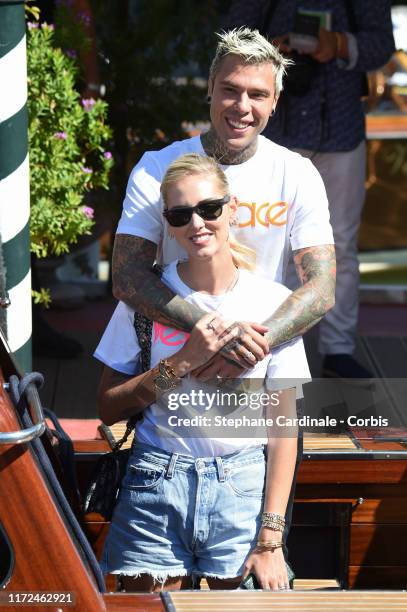 Chiara Ferragni and Fedez are seen arriving at the 76th Venice Film Festival on September 05, 2019 in Venice, Italy.