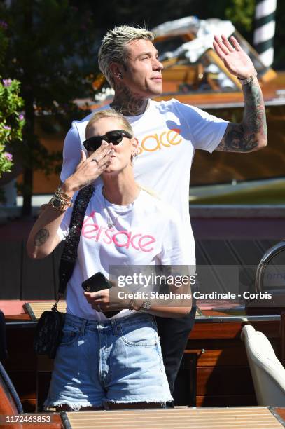 Chiara Ferragni and Fedez are seen arriving at the 76th Venice Film Festival on September 05, 2019 in Venice, Italy.