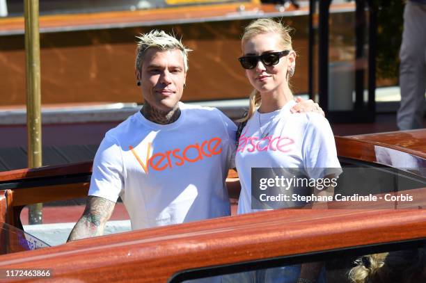 Chiara Ferragni and Fedez are seen arriving at the 76th Venice Film Festival on September 05, 2019 in Venice, Italy.