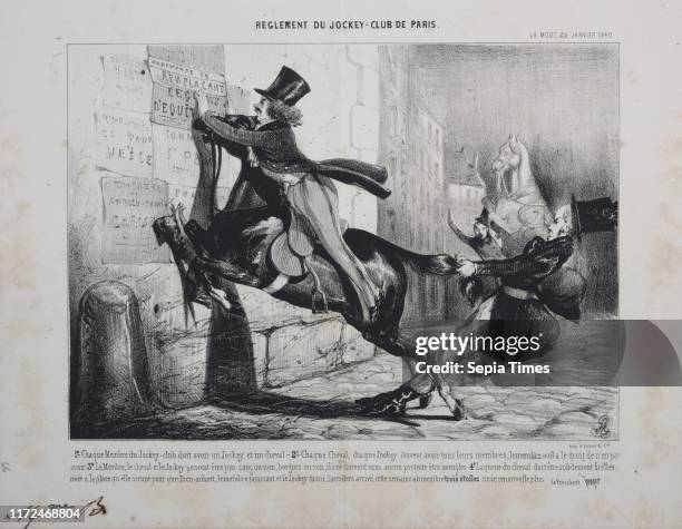 Reglement du Jockey Club de Paris: Chaque membre du Jockey Club doit avoir un Jockey, et un cheval..., 1800s. France, 19th century. Lithograph.