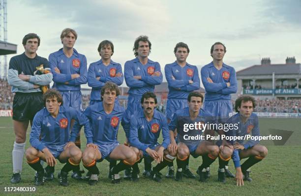 The Spain national football team squad line up together prior to the FIFA World Cup Group 7 qualifying match between Wales and Spain at the...