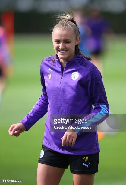 Georgia Stanway of Manchester City Women looks on during a training session at Manchester City Football Academy on September 05, 2019 in Manchester,...