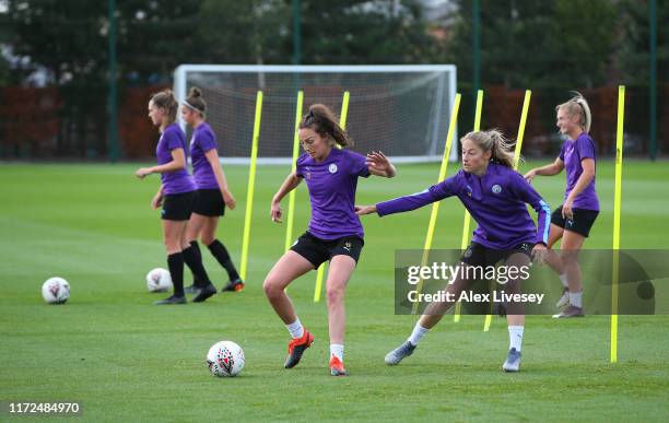 Caroline Weir and Janine Beckie of Manchester City Women during training session at Manchester City Football Academy on September 05, 2019 in...