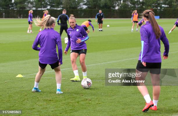 Georgia Stanway of Manchester City Women passes the ball during a training session at Manchester City Football Academy on September 05, 2019 in...