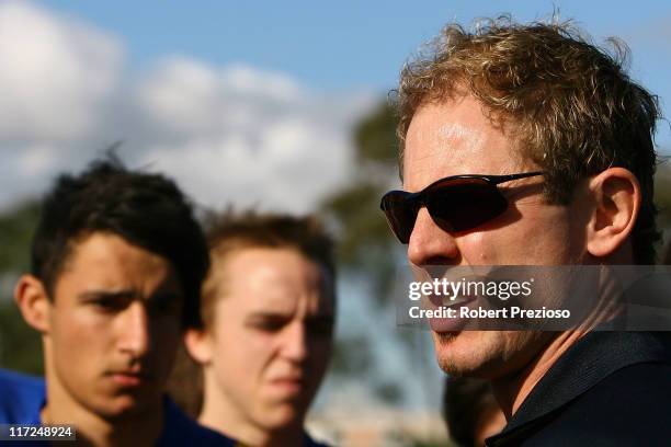 Steve Kretiuk coach of the Jets talks to his players during the round 10 TAC Cup match between Dandenong Stingrays and the Western Jets at Shepley...