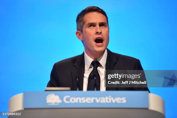 Secretary of State for Education, Gavin Williamson speaks during day two of the 2019 Conservative Party Conference at Manchester Central on September...
