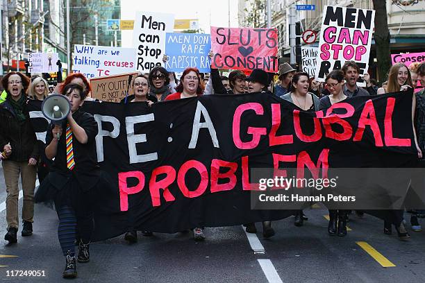 Protesters during a Slutwalk march for the right of women to wear what they want without harassment on June 25, 2011 in Auckland, New Zealand. The...