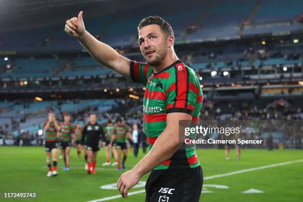 Sam Burgess of the Rabbitohs thanks fans after winning the round 25 NRL match between the South Sydney Rabbitohs and the Sydney Roosters at ANZ...