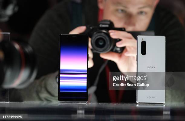 The new Sony Xperia 5 smartphone stands on display at the 2019 IFA home electronics and appliances trade fair on September 05, 2019 in Berlin,...