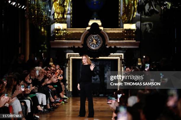 British designer Stella McCartney acknowledges the audience after the Stella McCartney Women's Spring-Summer 2020 Ready-to-Wear collection fashion...