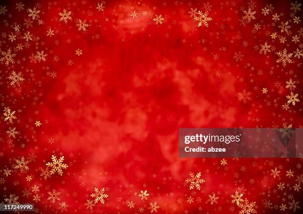 gold foil snowflakes on abstract red background - christmas background abstract gold stock pictures, royalty-free photos & images