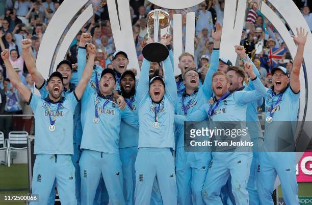 England captain Eoin Morgan lifts the trophy after the England v New Zealand ICC Cricket World Cup Final 2019 at Lords Cricket Ground on July 14th...