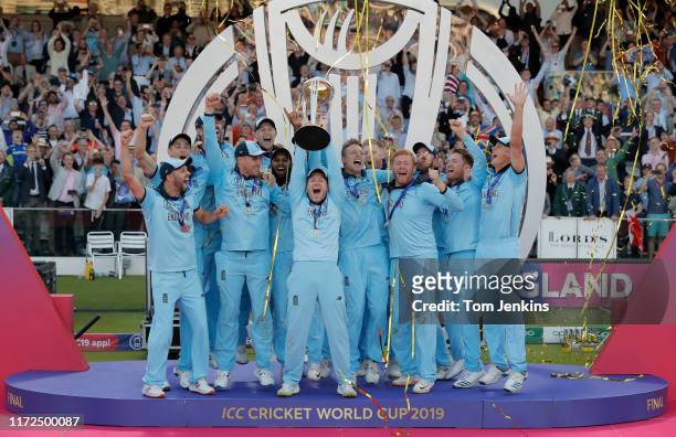 England captain Eoin Morgan lifts the trophy after the England v New Zealand ICC Cricket World Cup Final 2019 at Lords Cricket Ground on July 14th...