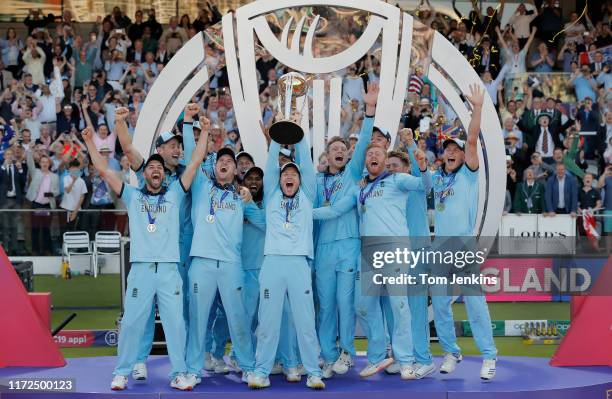 England captain Eoin Morgan lifts the trophy after the England v New Zealand ICC Cricket World Cup Final 2019 at Lords Cricket Ground on July 14th...