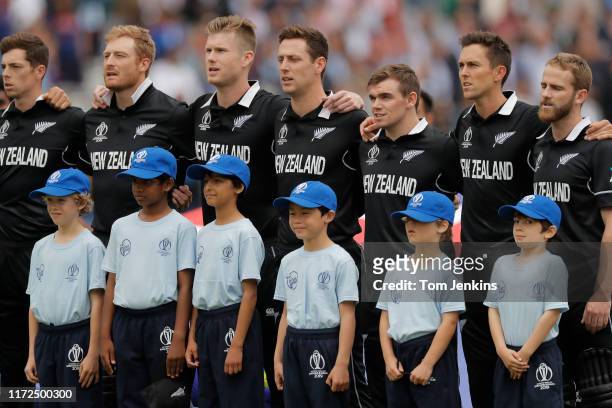 The New Zealand players sing their national anthem during the England v New Zealand ICC Cricket World Cup Final 2019 at Lords Cricket Ground on July...