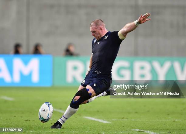 Scotland's Stuart Hogg drops a goal during the Rugby World Cup 2019 Group A game between Scotland and Samoa at Kobe Misaki Stadium on September 30,...