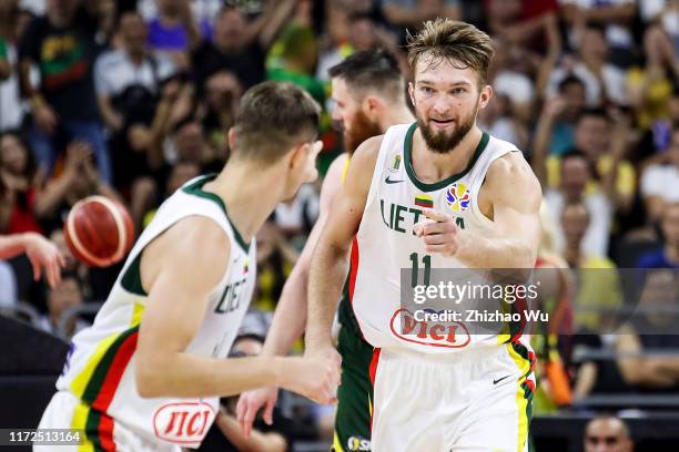 Domantas Sabonis of Lithuania celebrates a point during the 2019 FIBA World Cup, first round match between Lithuania and Australia at Dongguan...