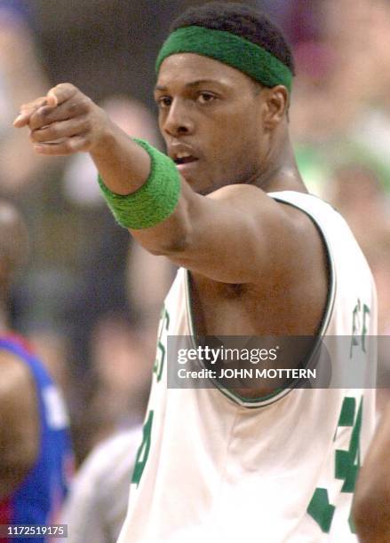 Paul Pierce of the Boston points after scoring late in the fourth quarter against the Detriot Pistons in game three of their Eastern Conference...