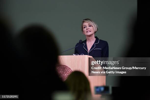 Actress Sharon Stone reads excerpts of the letter "Emily Doe" wrote to former Stanford swimmer Brock Turner, on Nov. 18, 2016 during a campus sexual...