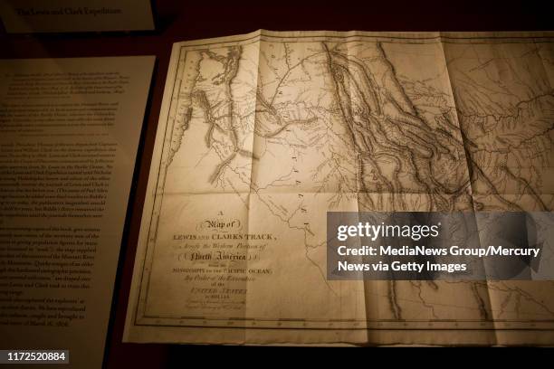 Map of western part of North America showing the route of Meriwether Lewis and William Clark took from St. Louis to the Pacific Ocean on the...