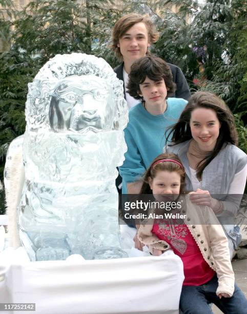 Georgia Henley, Anna Popplewell. Skandar Keynes and William Moseley alongside a lifesize ice sculpture of Aslan.