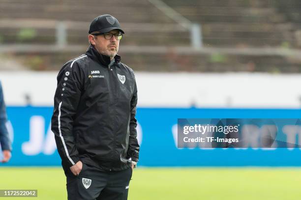 Head coach Sven Huebscher of Preussen Muenster looks on during the 3. Liga match between Preussen Muenster and Bayern Muenchen II at Preussenstadion...