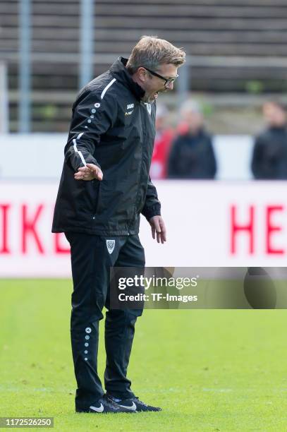 Head coach Sven Huebscher of Preussen Muenster gestures during the 3. Liga match between Preussen Muenster and Bayern Muenchen II at Preussenstadion...