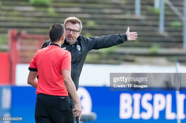 Head coach Sven Huebscher of Preussen Muenster gestures during the 3. Liga match between Preussen Muenster and Bayern Muenchen II at Preussenstadion...