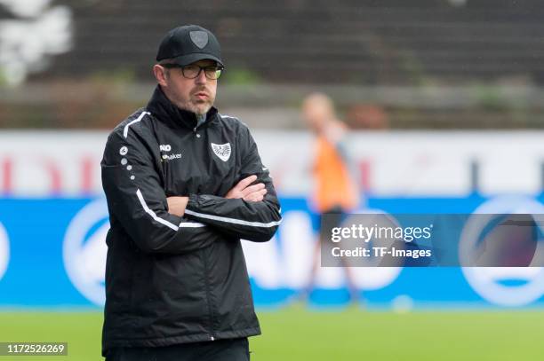 Head coach Sven Huebscher of Preussen Muenster looks on during the 3. Liga match between Preussen Muenster and Bayern Muenchen II at Preussenstadion...