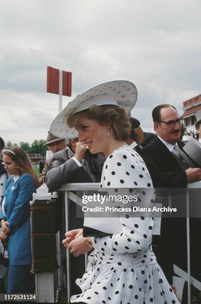 Diana, Princess of Wales wearing a black and white spotted dress by Victor Edelstein at the Epsom Derby, UK, June 1986.