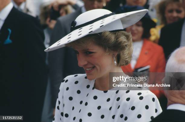 Diana, Princess of Wales wearing a black and white spotted dress by Victor Edelstein at the Epsom Derby, UK, June 1986.