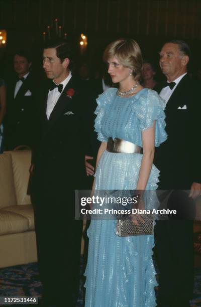 Diana, Princess of Wales and Prince Charles attend a gala dinner and dance at the Wentworth Hotel in Sydney, Australia, March 1983. Diana is wearing...