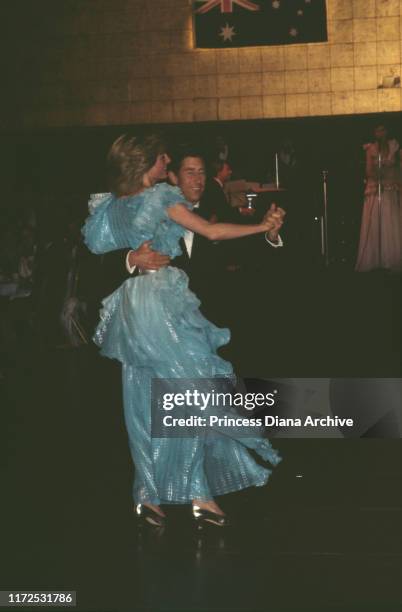 Diana, Princess of Wales and Prince Charles dancing at a gala charity dinner and dance at the Wentworth Hotel in Sydney, during their tour of...
