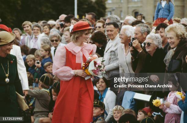 Diana, Princess of Wales wearing a Bellville Sassoon suit and a John Boyd hat upon her arrival in Tasmania, March 1983.