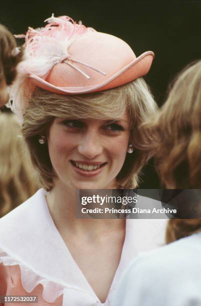 Diana, Princess of Wales wearing a hat by John Boyd to a garden party in Canberra, Australia, March 1983.