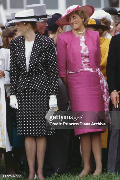 Diana, Princess of Wales and the Duchess of York during Derby Day at Epsom, UK, June 1987.