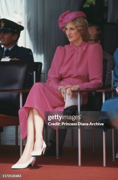 Diana, Princess of Wales wearing a pink Donald Campbell suit at the Perth Hockey Stadium in Bentley, Australia, 7th April 1983.