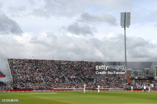 General view of the big temporary stand during day two of the 4th Ashes Test Match between England and Australia at Old Trafford on September 05,...