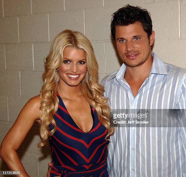 Jessica Simpson and Nick Lachey during Jessica Simpson and Nick Lachey Pre-Game Performance at FedEx Field at FedEx Field in Landover, Maryland,...
