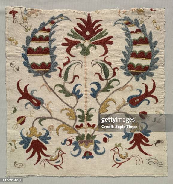 Fragment of Pillow Cover or Panel of Bedspread, 1800s. Greece, Sporades Islands, Skyros, 19th century. Embroidery: silk on linen tabby ground;...