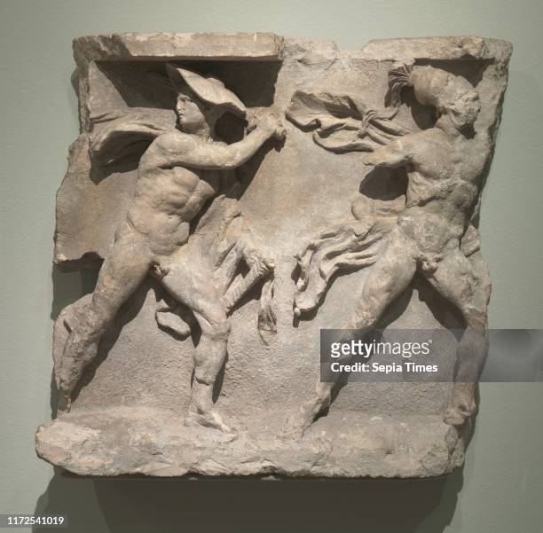 Relief of Hermes and Ares, 200s BC. Greece, 3rd Century BC. Limestone; overall: 32.7 cm .