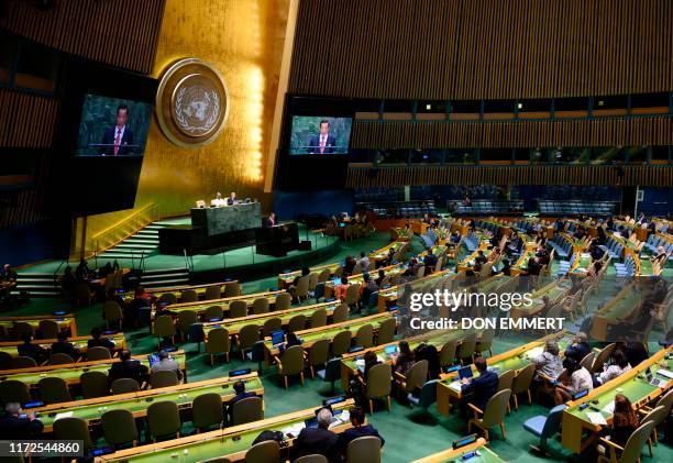 Chair of the delegation of North Korea, Kim Song speaks during General debate of the 74th session of the UN General Assembly on September 30, 2019 at...