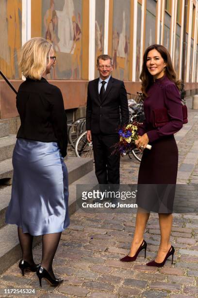 Crown Princess Mary of Denmark is welcomed by Thomas Roerdam, President of the Supreme Court, at Thorvaldsens Museum at the Parliament complex, where...
