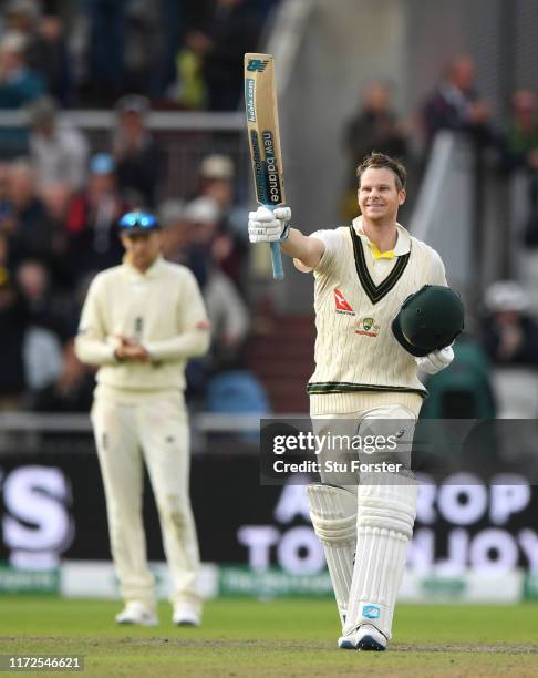 Australia batsman Steve Smith celebrates after reaching his double century during day two of the 4th Ashes Test Match between England and Australia...