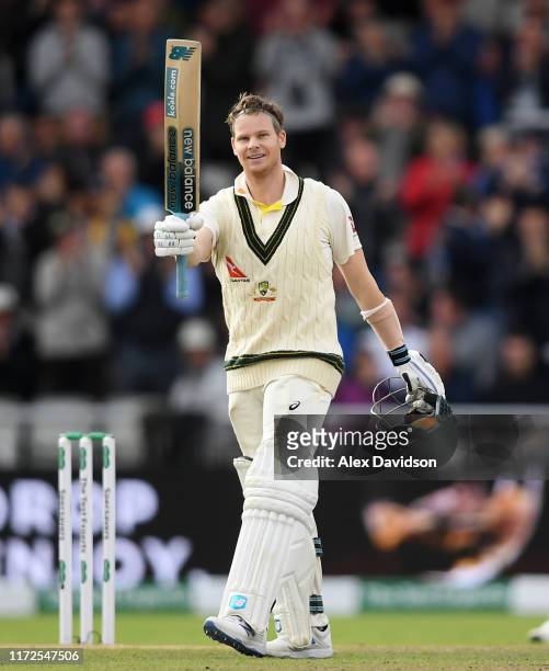 Steve Smith of Australia celebrates reaching his double century during Day Two of the 4th Specsavers Ashes Test between England and Australia at Old...