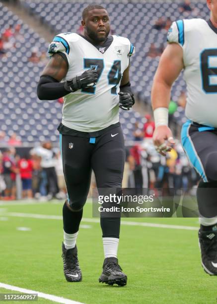 Carolina Panthers offensive tackle Greg Little warms up during the football game between the Carolina Panthers and Houston Texans at NRG Stadium on...